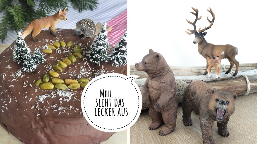 Schleichtiere sind toll als Kuchendeko aber auch toll für die Tischdeko: Bären, Rehe, Füchse und Igel passen super zum Waldtiere-Geburtstag.