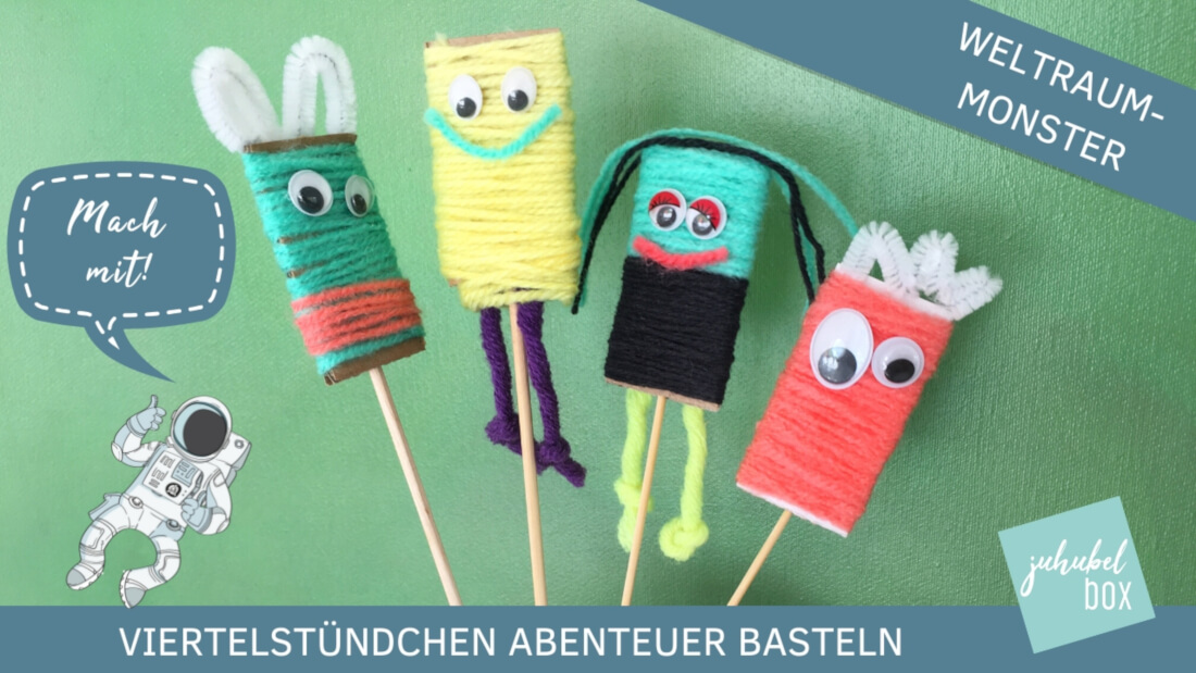 Weltraum-Monster aus Pappe mit Wolle umwickelt. Wackelaugen aufgeklebt und schon ist das Monster fertig.